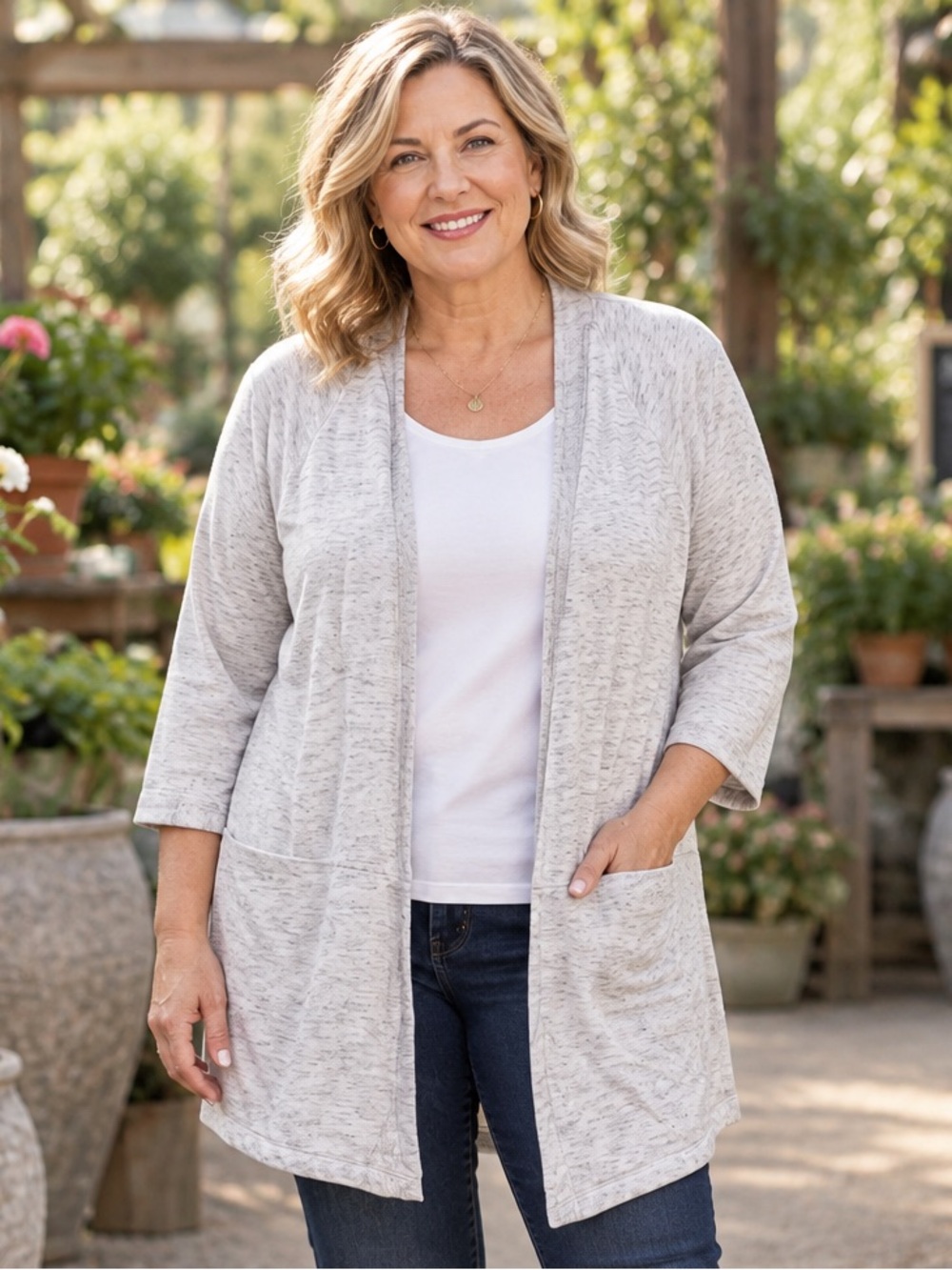 Talbots Gray Marled Open-Front Cardigan, Size 1X